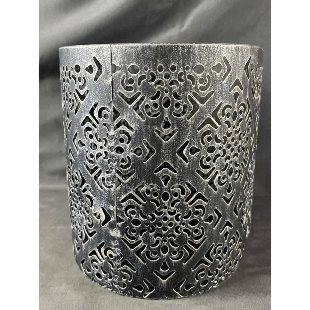 Filigree Silver Metal Cutout Medallion Oval Wastebasket Decorative Bin 9in